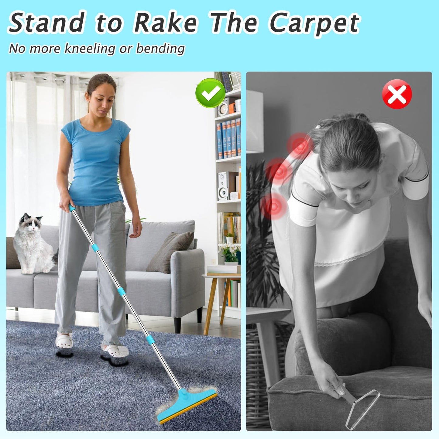 Carpet Rake for Pet Hair Removal – Reusable Pet Hair Remover with 60” Adjustable Handle, Dog & Cat Hair Rake Brush for Carpets, Rugs, Mats & Furniture – Includes Bonus Y-Shaped Fur Remover (Blue)