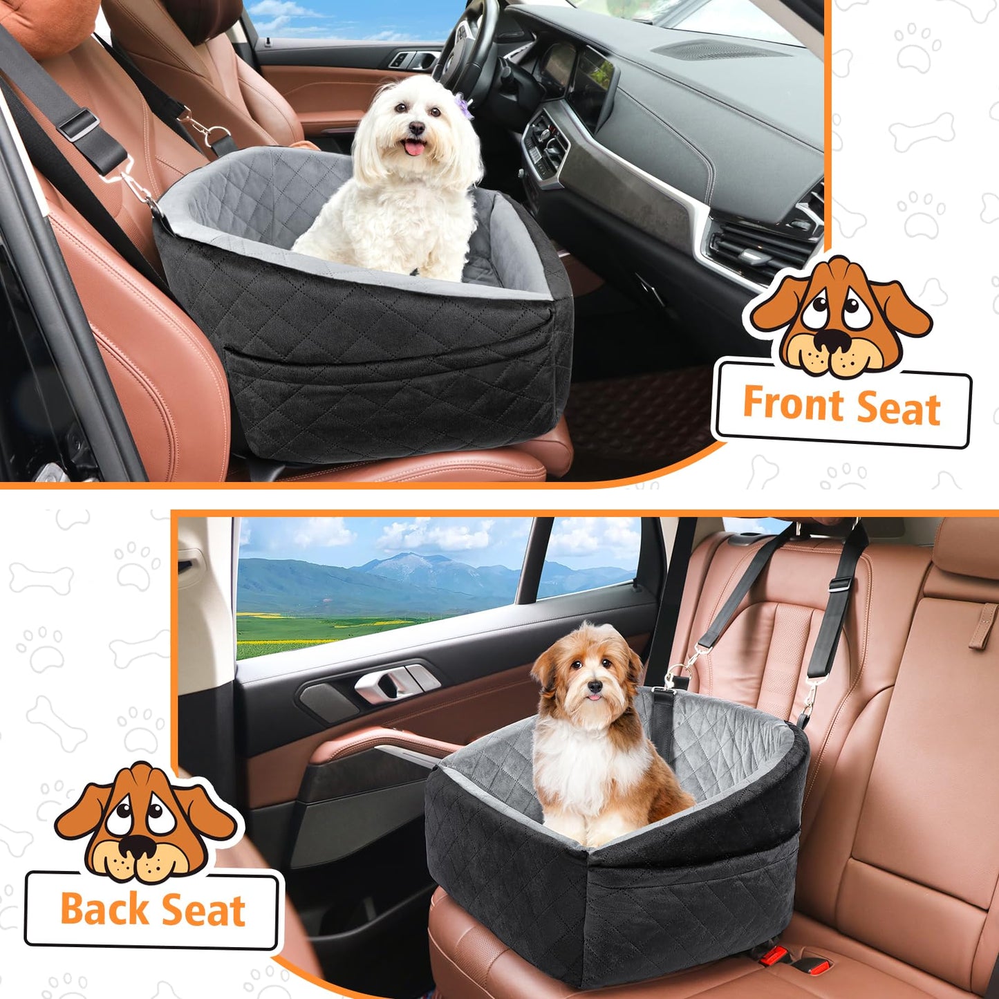 Dog Car Seat for Small Dogs up to 30 lbs – Washable Travel Booster Seat with Storage Pockets, Safety Belt & Plush Bed for Cars, SUVs & Trucks (Black/Grey)
