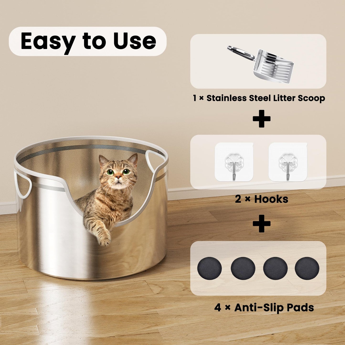 Stainless Steel Cat Litter Box with Scoop – XL/XXL High-Sided Round Design for Multi-Cat Homes, Odor Control & Easy Cleaning