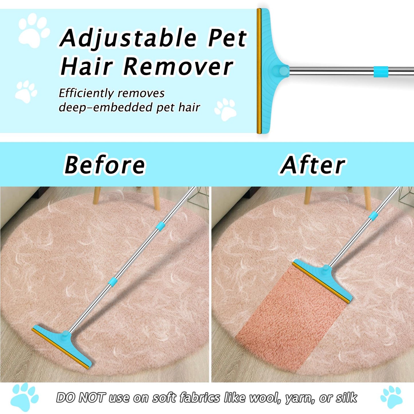 Carpet Rake for Pet Hair Removal – Reusable Pet Hair Remover with 60” Adjustable Handle, Dog & Cat Hair Rake Brush for Carpets, Rugs, Mats & Furniture – Includes Bonus Y-Shaped Fur Remover (Blue)
