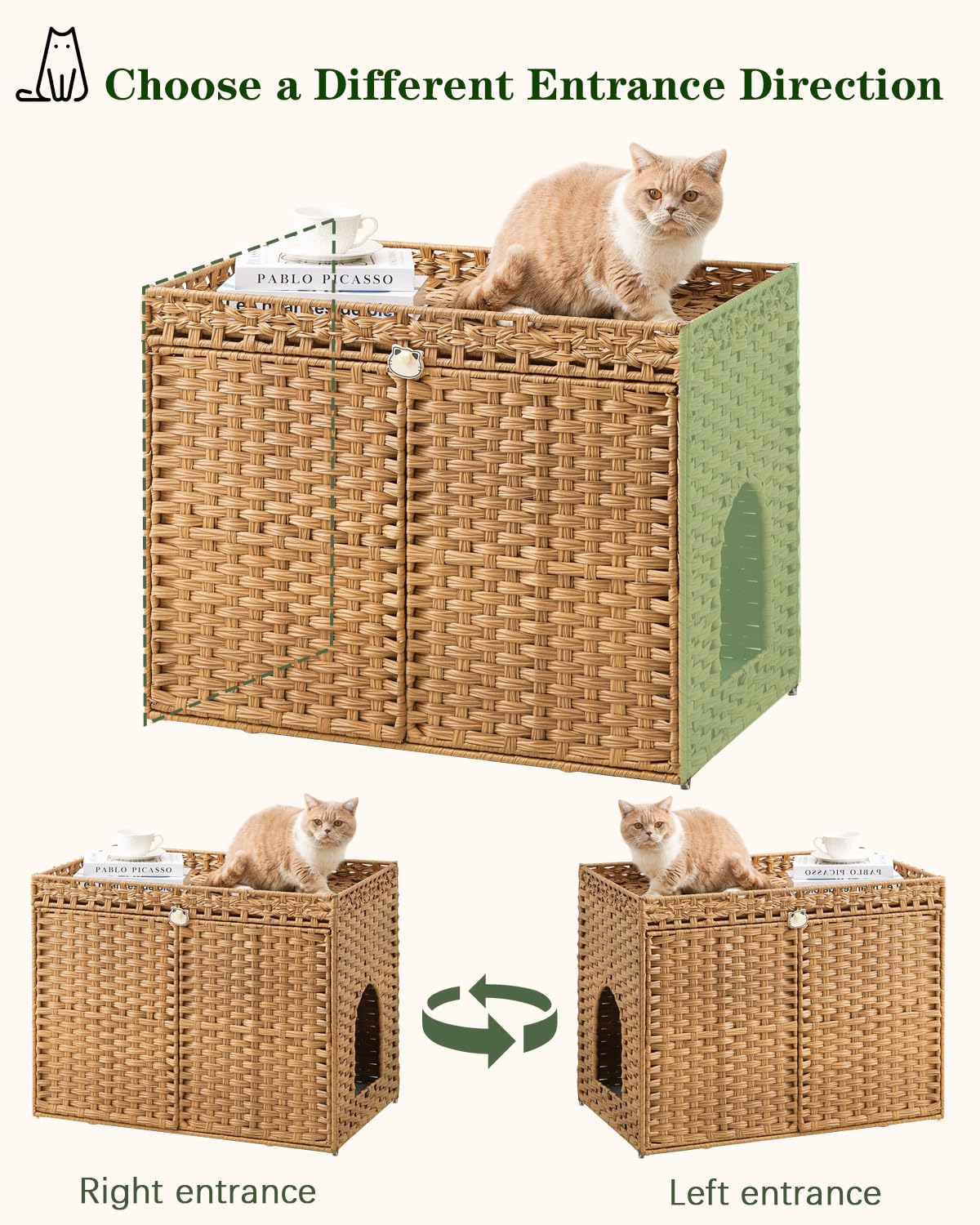 Rattan Cat Litter Box Enclosure Furniture – Hidden Litter Box with Mat, Large Cat House & Storage Top for Indoor Use (30.3 x 18.3 x 24.4 in, Natural