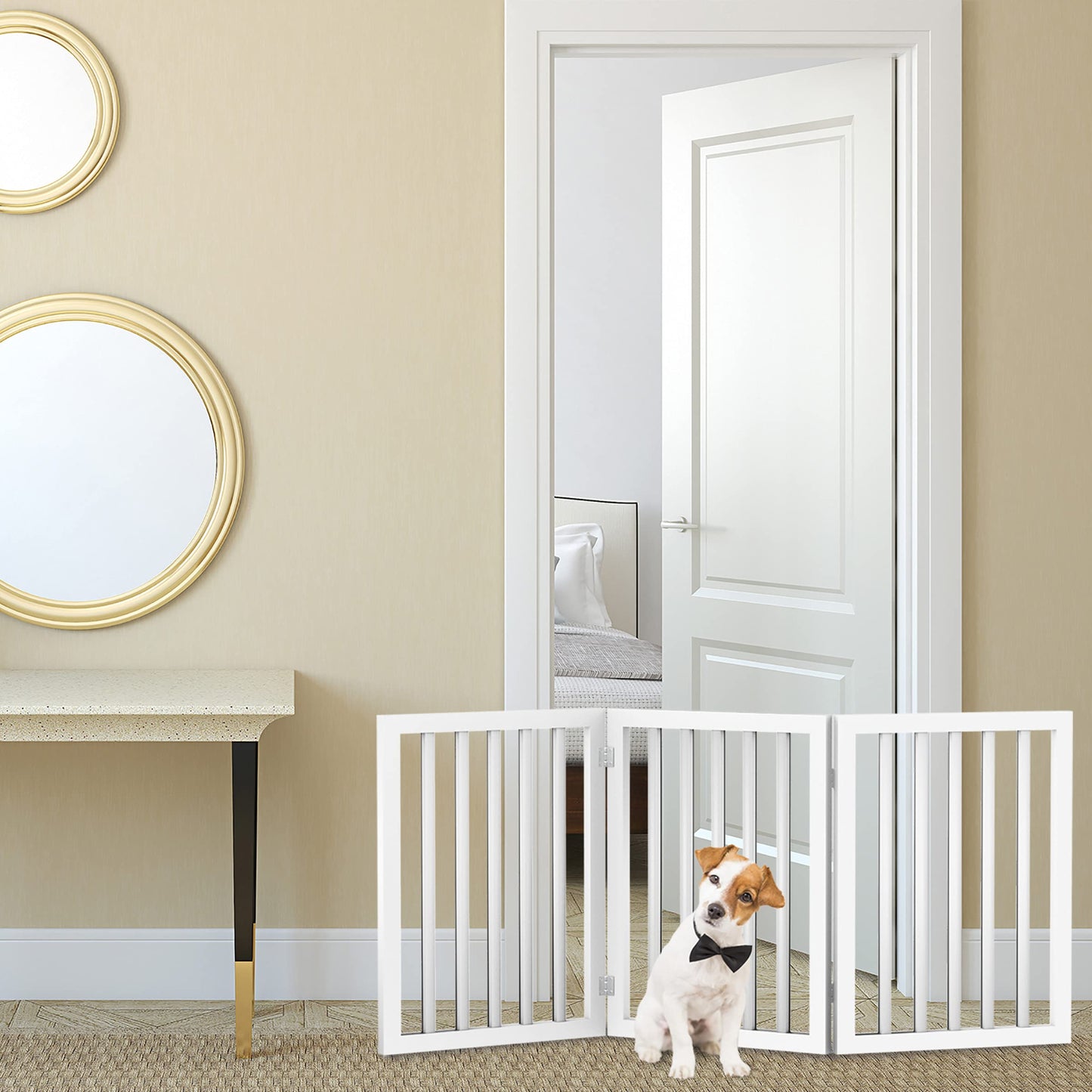 3-Panel Foldable Indoor Dog Gate – Freestanding Wooden Pet Fence for Stairs, Hallways & Doorways, 55x24-Inch (White)