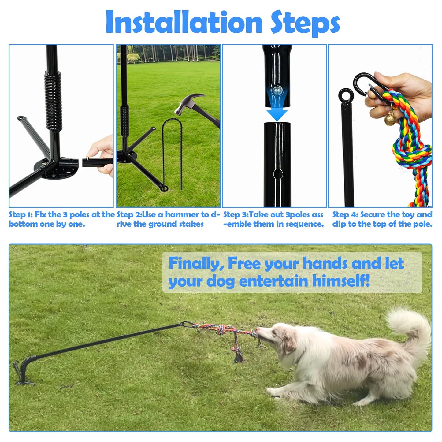 Outdoor Tether Tug Dog Toy – Interactive Tug of War Exercise Game with 2 Rope Toys & Bell – Adjustable Height, Sturdy Base – For Small, Medium & Large Dogs