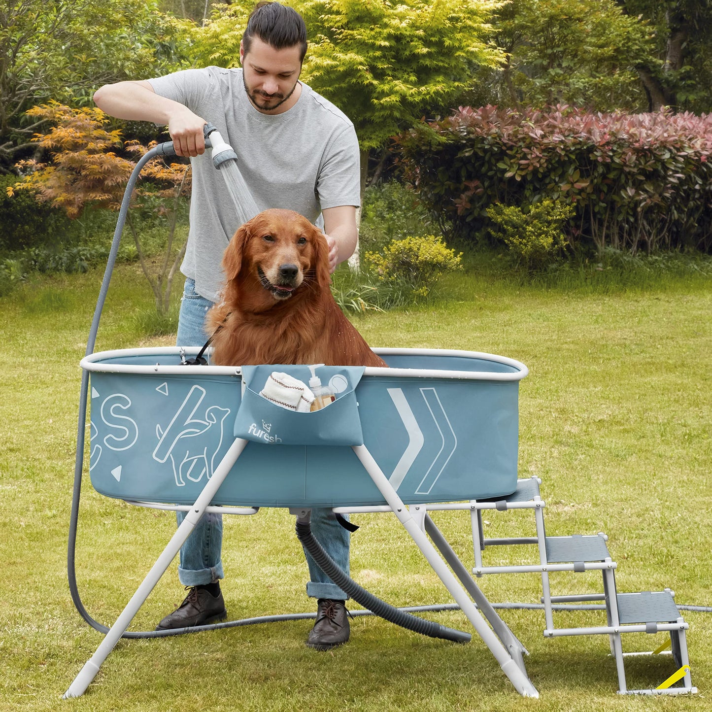 Elevated Foldable Dog Bath Tub with Stairs – Portable Indoor/Outdoor Grooming & Wash Station for Medium and Large Dogs