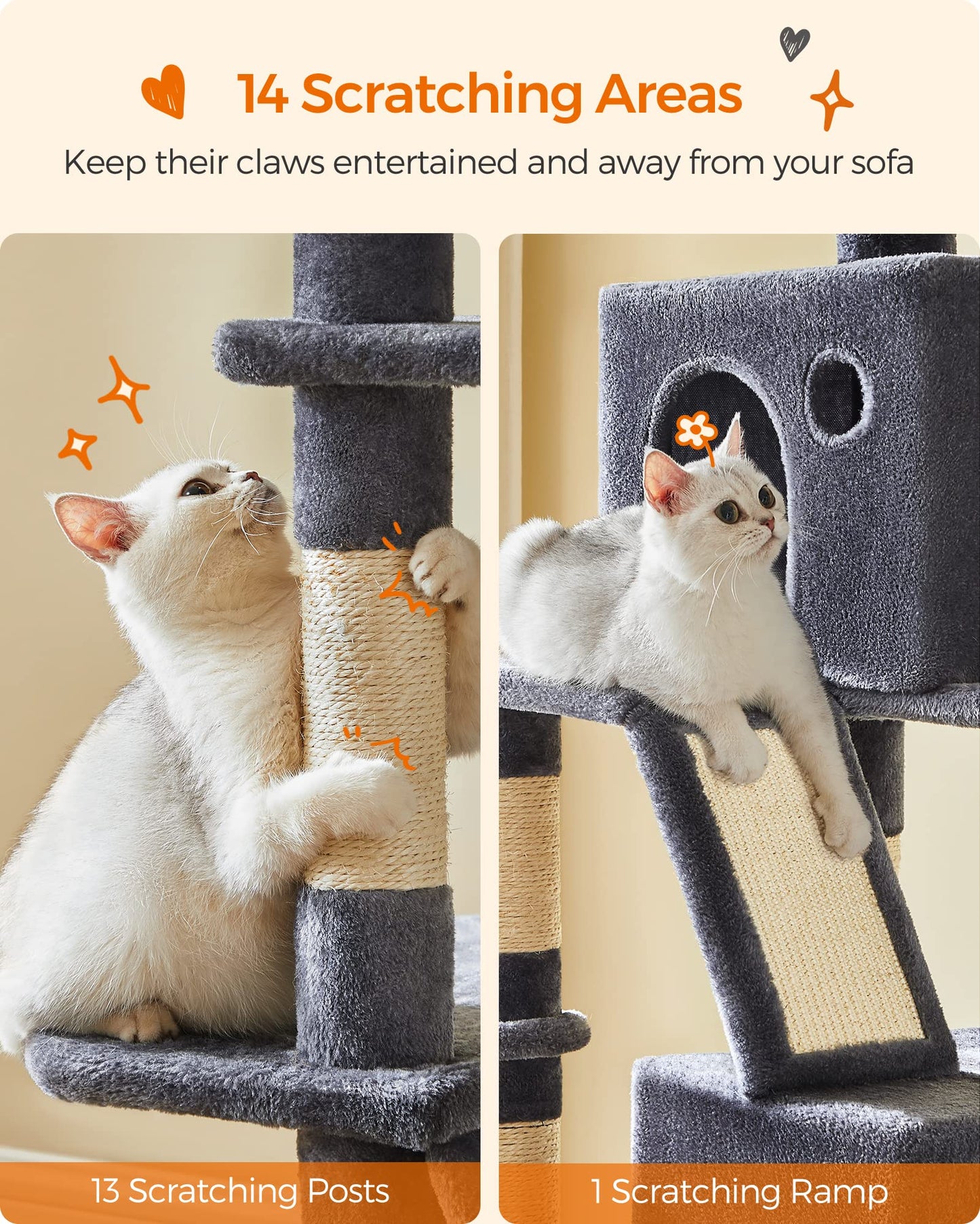 81-Inch Large Cat Tree Tower – Multi-Level Cat Condo with Scratching Posts, Perches, Hammock & Caves for Indoor Cats (Smoky Gray)
