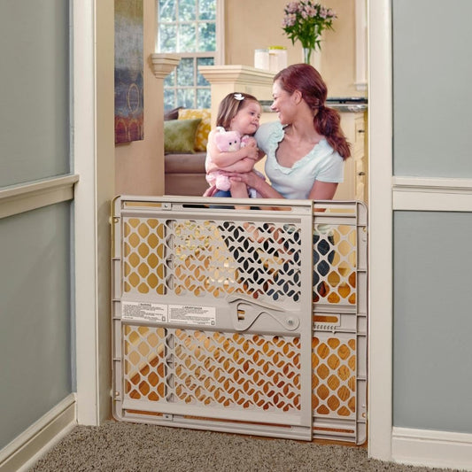 Adjustable Plastic Baby Gate for Stairs and Doorways – Indoor Safety Gate with One-Hand Handle – 26 to 42 Inches Wide – 26 Inches Tall – Sand