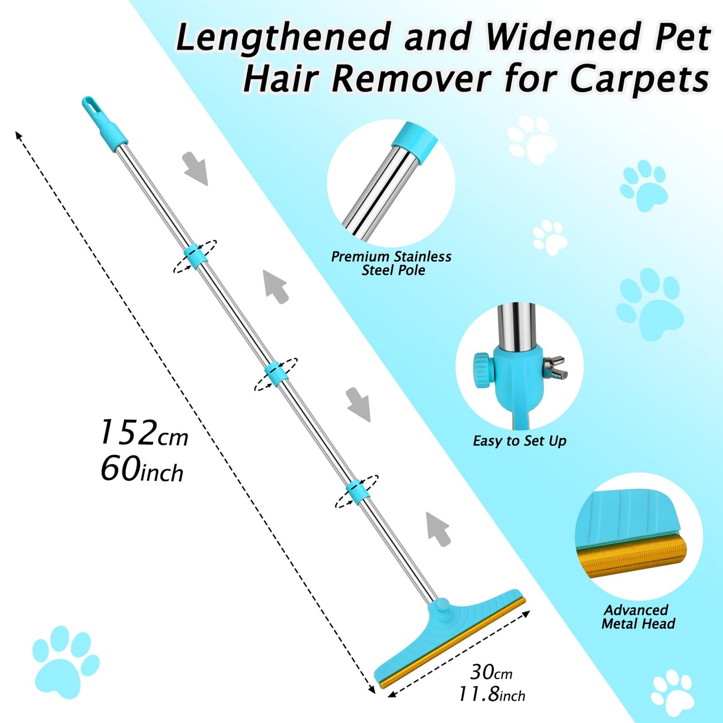 Carpet Rake for Pet Hair Removal – Reusable Pet Hair Remover with 60” Adjustable Handle, Dog & Cat Hair Rake Brush for Carpets, Rugs, Mats & Furniture – Includes Bonus Y-Shaped Fur Remover (Blue)