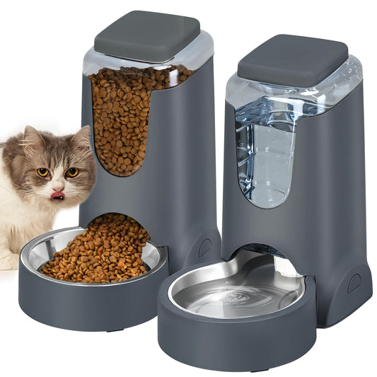 Automatic Pet Feeder and Water Dispenser Set with Stainless Steel Bowl – Gravity Food & Water Station for Cats and Dogs (1 Gallon x 2)