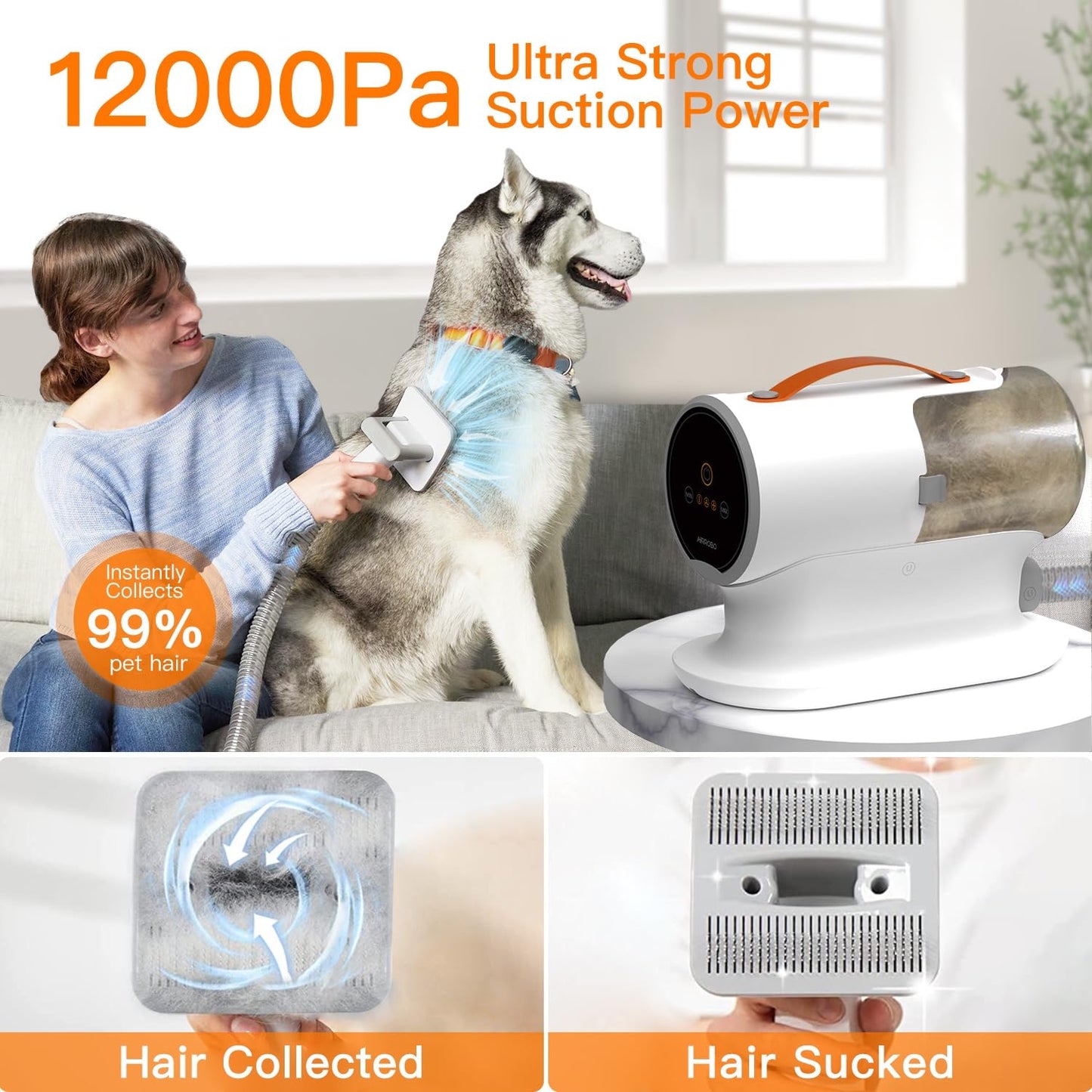 Pet Grooming Vacuum Kit with 12000Pa Suction – Low Noise Dog Hair Vacuum with 6 Clipping Guides & Large 2L Dust Cup