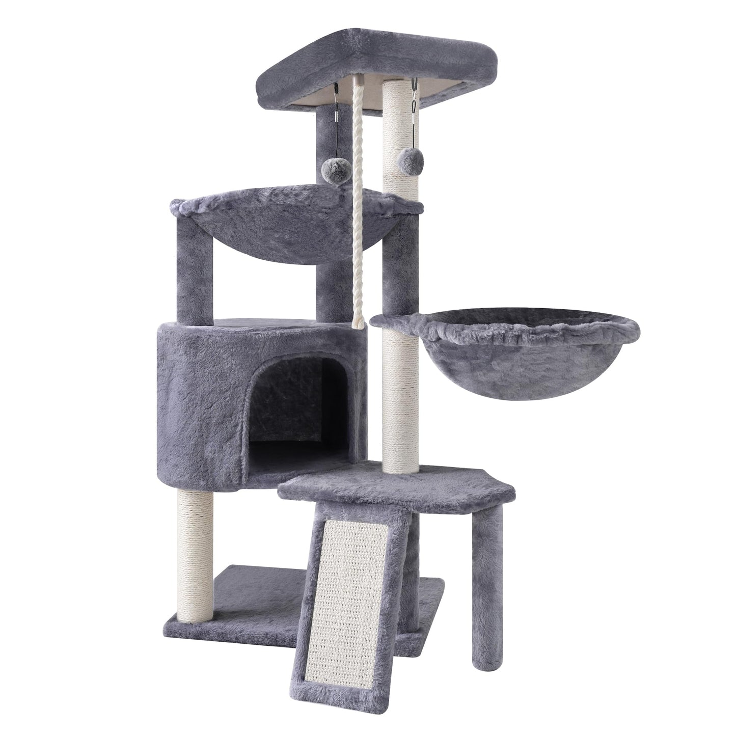 Three-Layer Cat Tree with Condo, Two Hammocks, Scratching Posts & Toys – Multi-Level Cat Tower (Grey, 37.4")
