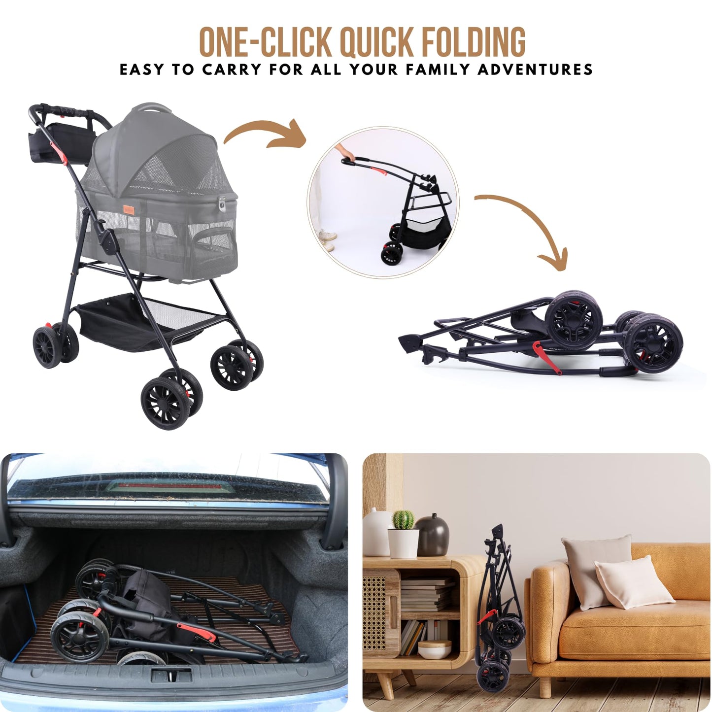 3-in-1 Pet Stroller with Detachable Carrier & Car Seat – Compact Folding Travel Stroller for Small Dogs & Cats (Up to 33 lbs)