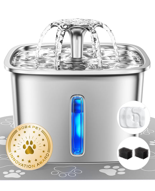 Stainless Steel Cat Water Fountain – 95oz/2.8L Automatic Pet Fountain with Filters, Sponges & Silicone Mat for Cats, Dogs & Multiple Pets (Silver)