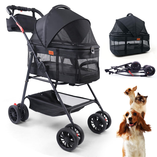 3-in-1 Pet Stroller with Detachable Carrier & Car Seat – Compact Folding Travel Stroller for Small Dogs & Cats (Up to 33 lbs)