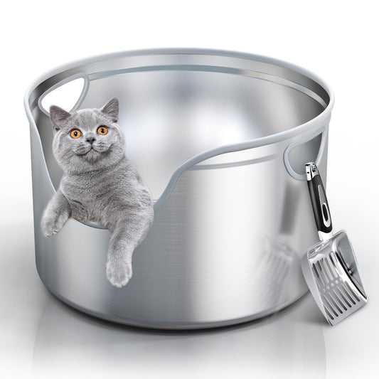 Stainless Steel Cat Litter Box with Scoop – XL/XXL High-Sided Round Design for Multi-Cat Homes, Odor Control & Easy Cleaning