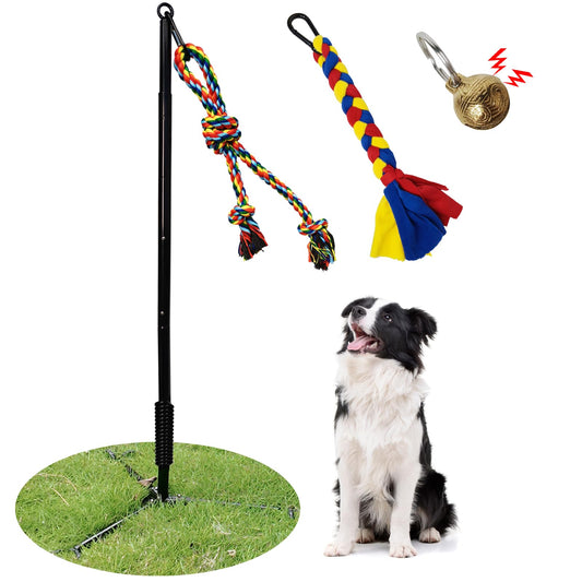 Outdoor Tether Tug Dog Toy – Interactive Tug of War Exercise Game with 2 Rope Toys & Bell – Adjustable Height, Sturdy Base – For Small, Medium & Large Dogs