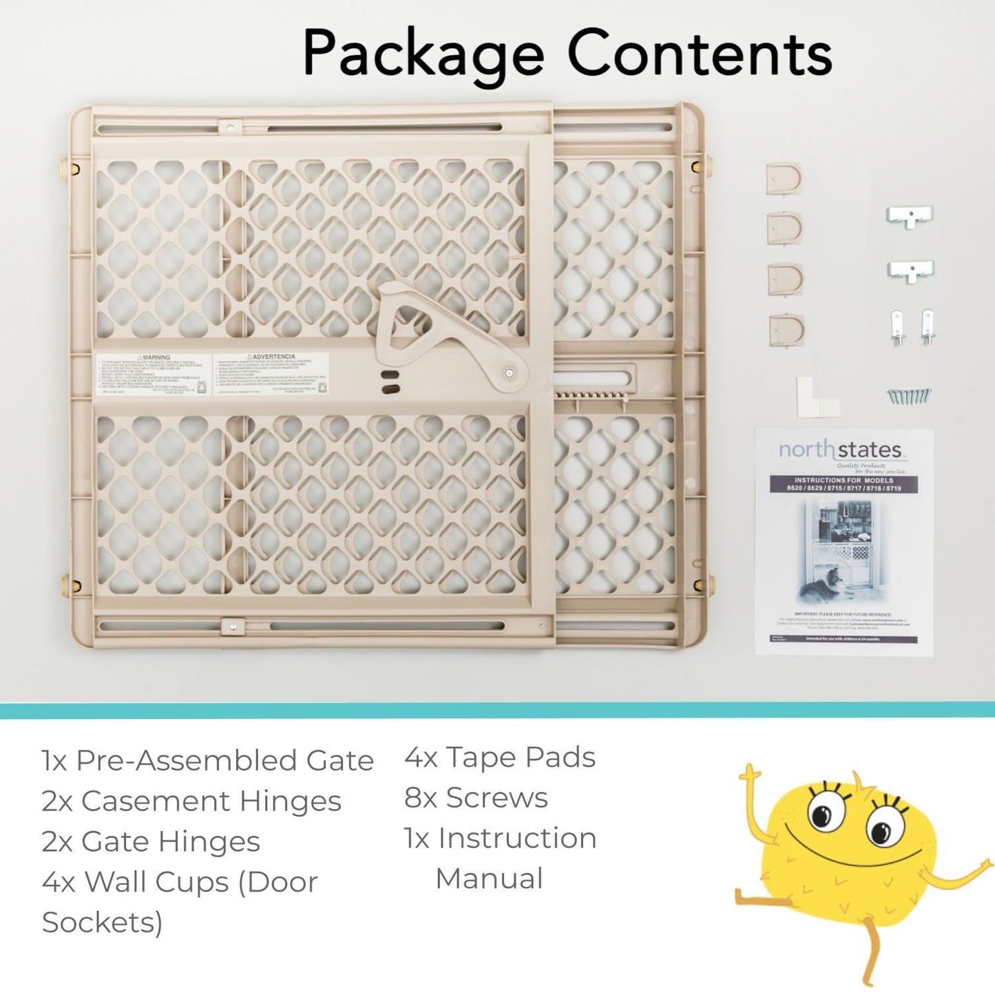 Adjustable Plastic Baby Gate for Stairs and Doorways – Indoor Safety Gate with One-Hand Handle – 26 to 42 Inches Wide – 26 Inches Tall – Sand