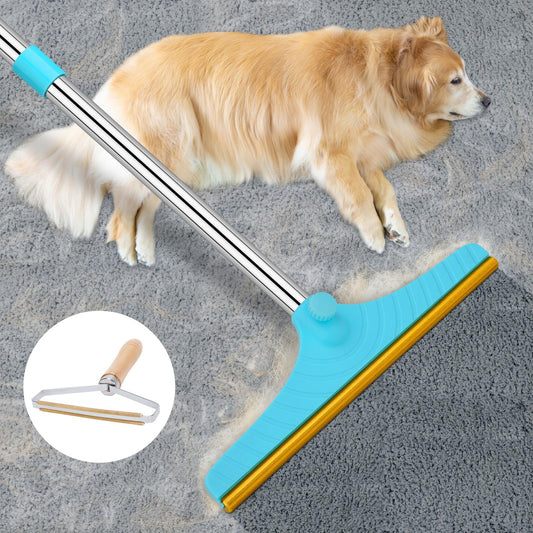 Carpet Rake for Pet Hair Removal – Reusable Pet Hair Remover with 60” Adjustable Handle, Dog & Cat Hair Rake Brush for Carpets, Rugs, Mats & Furniture – Includes Bonus Y-Shaped Fur Remover (Blue)