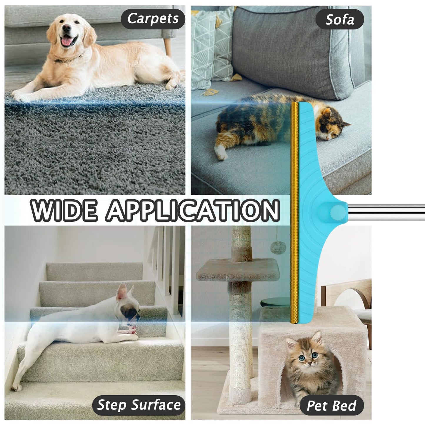 Carpet Rake for Pet Hair Removal – Reusable Pet Hair Remover with 60” Adjustable Handle, Dog & Cat Hair Rake Brush for Carpets, Rugs, Mats & Furniture – Includes Bonus Y-Shaped Fur Remover (Blue)