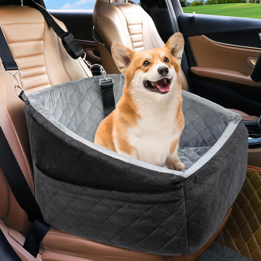 Dog Car Seat for Small Dogs up to 30 lbs – Washable Travel Booster Seat with Storage Pockets, Safety Belt & Plush Bed for Cars, SUVs & Trucks (Black/Grey)