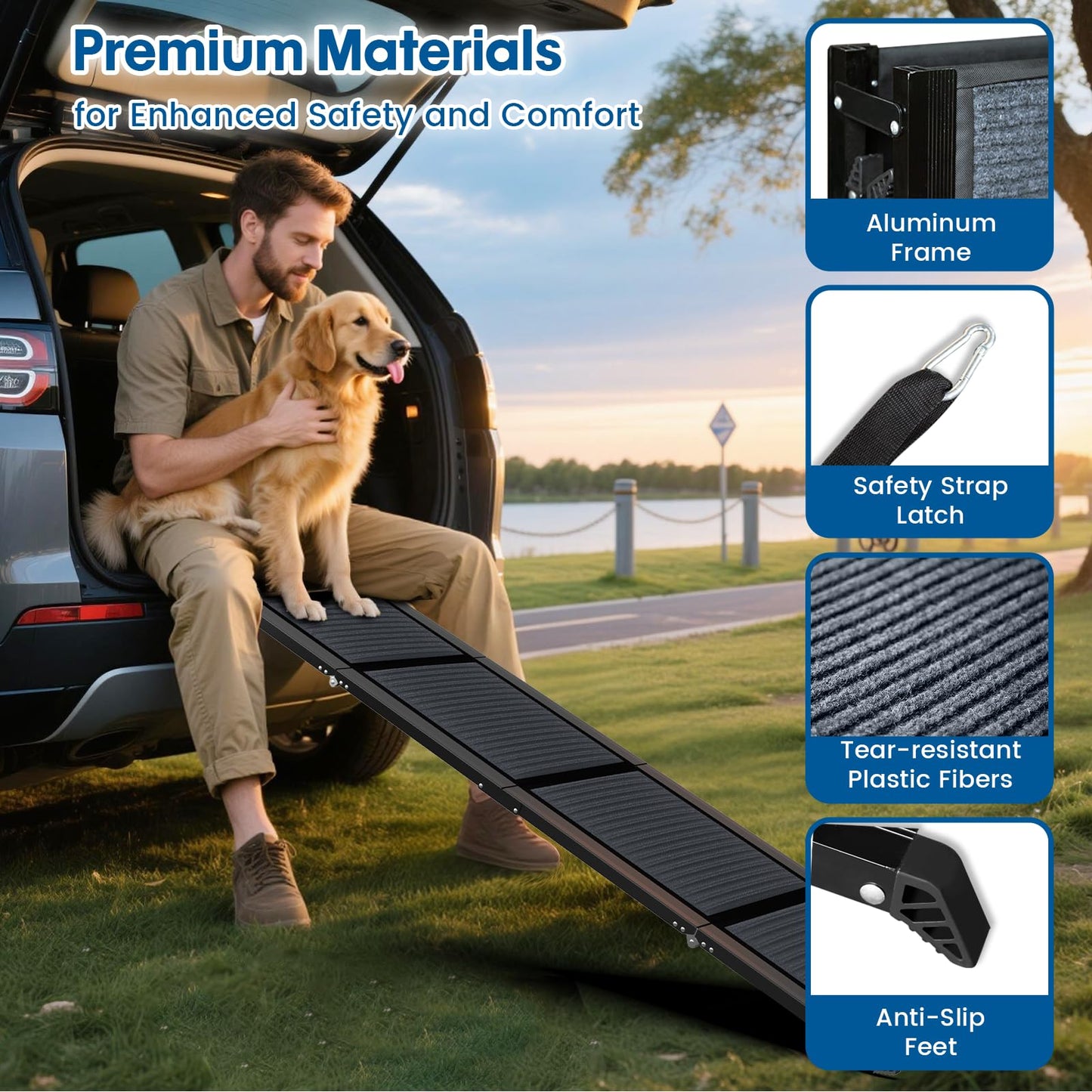 63" Folding Dog Ramp for Car, SUV & Truck – Extra Wide Portable Pet Ramp with Non-Slip Surface, Supports Dogs Up to 250 lbs