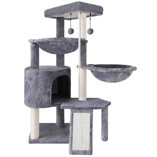 Three-Layer Cat Tree with Condo, Two Hammocks, Scratching Posts & Toys – Multi-Level Cat Tower (Grey, 37.4")