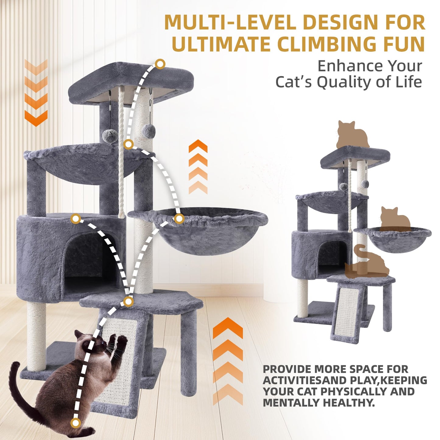 Three-Layer Cat Tree with Condo, Two Hammocks, Scratching Posts & Toys – Multi-Level Cat Tower (Grey, 37.4")