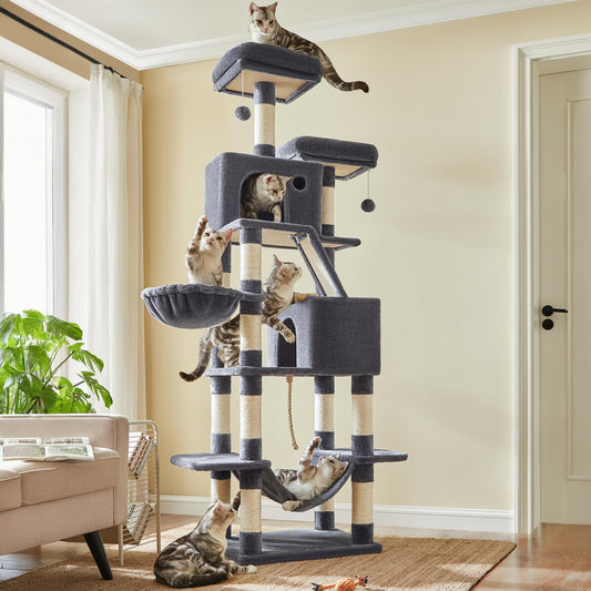 81-Inch Large Cat Tree Tower – Multi-Level Cat Condo with Scratching Posts, Perches, Hammock & Caves for Indoor Cats (Smoky Gray)