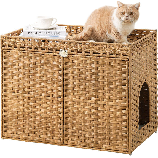 Rattan Cat Litter Box Enclosure Furniture – Hidden Litter Box with Mat, Large Cat House & Storage Top for Indoor Use (30.3 x 18.3 x 24.4 in, Natural