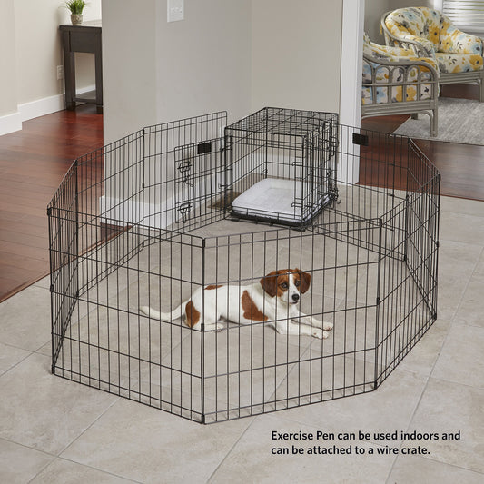Folding Metal Dog Exercise Pen – 24-Inch Tall Portable Puppy Playpen with Secure Door, Indoor/Outdoor Pet Fence, 16 Sq. Ft. Enclosure, Black